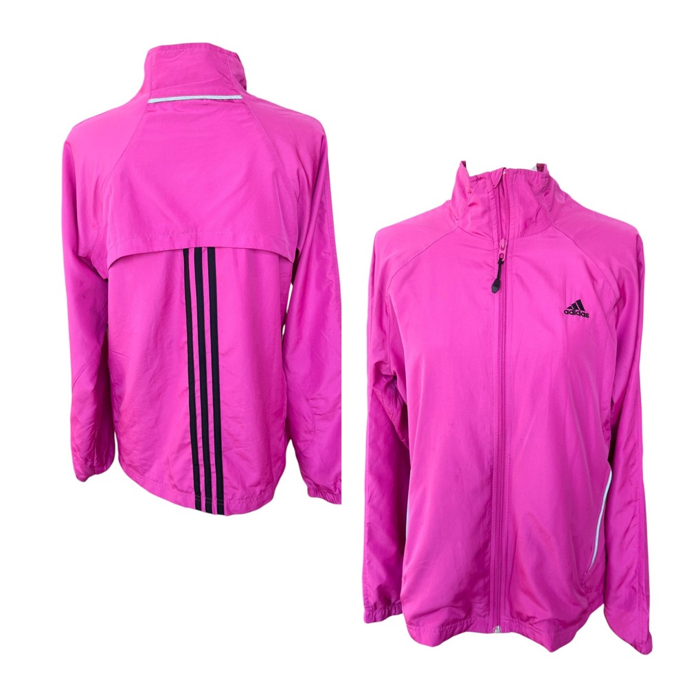 Adidas Womens Windbreaker Jacket Magenta Pink Full Zip 3 Stripe Back Large